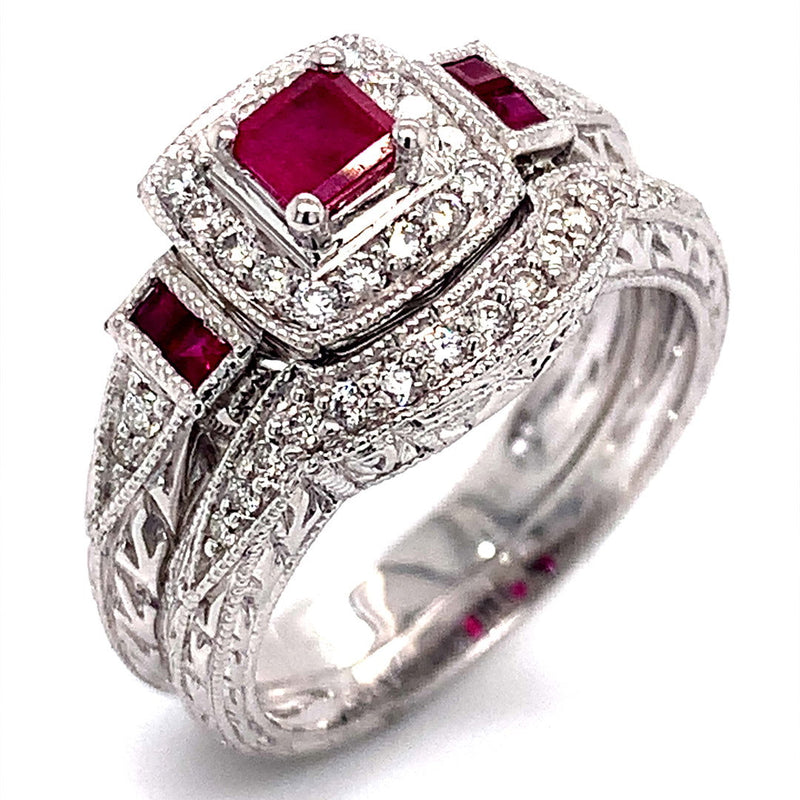 (SOFIA) Set de anillos con rubí y diamantes en oro blanco 10Kt. - DGjoyeros