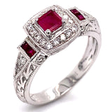 (SOFIA) Set de anillos con rubí y diamantes en oro blanco 10Kt. - DGjoyeros
