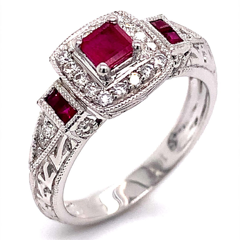 (SOFIA) Set de anillos con rubí y diamantes en oro blanco 10Kt. - DGjoyeros
