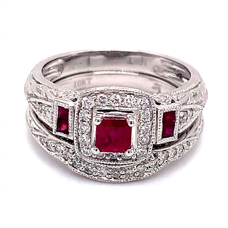 (SOFIA) Set de anillos con rubí y diamantes en oro blanco 10Kt. - DGjoyeros