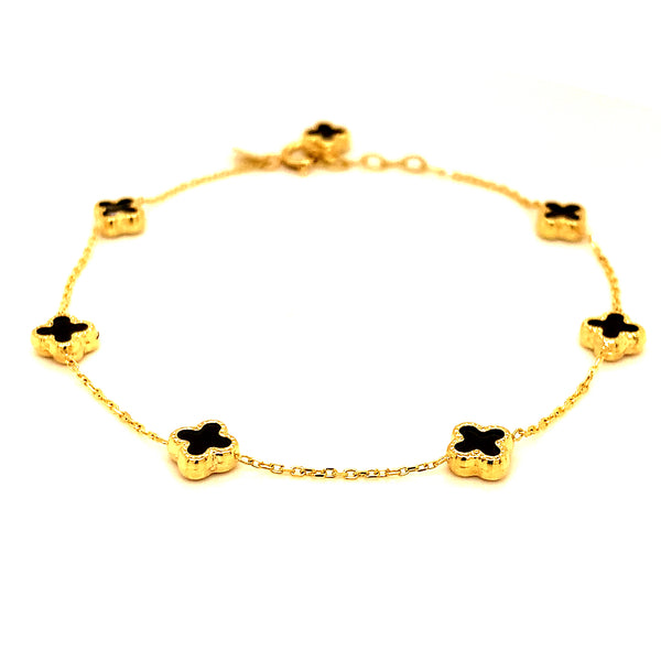 Pulsera (trébol negro onix)en oro amarillo 10kt. 18/20CM