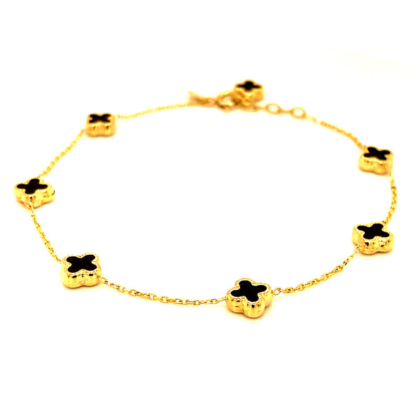 Pulsera (trébol negro onix)en oro amarillo 10kt. 18/20CM