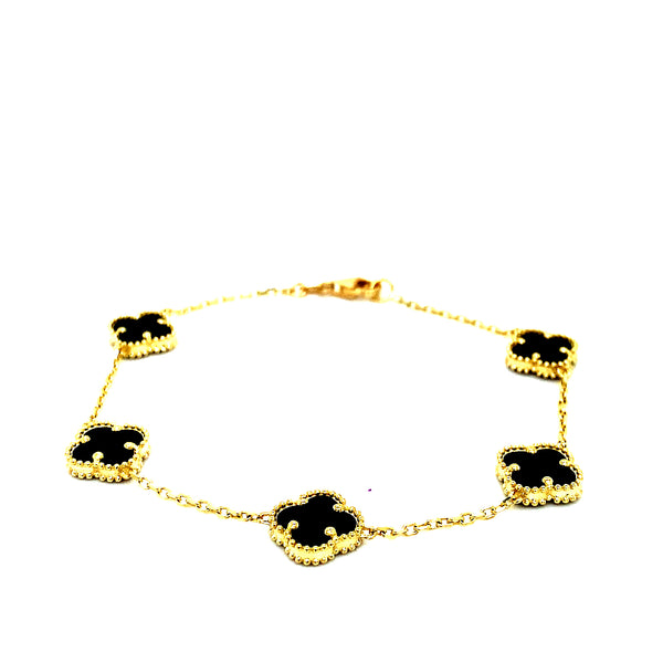 Pulsera (trébol negro onix) en oro amarillo 10kt. 18CM