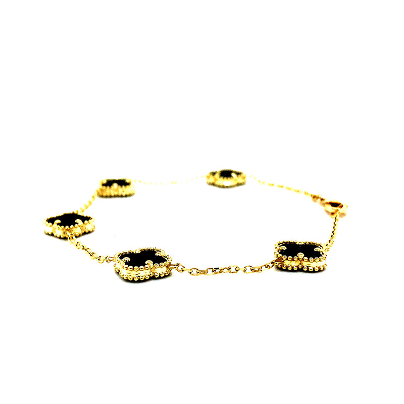 Pulsera (trébol negro onix) en oro amarillo 10kt. 18CM