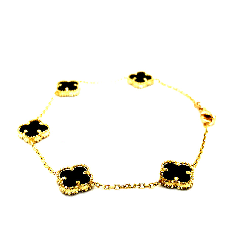 Pulsera (trébol negro onix) en oro amarillo 10kt. 18CM