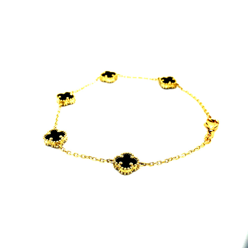 Pulsera (trébol negro onix) en oro amarillo 10kt. 18CM