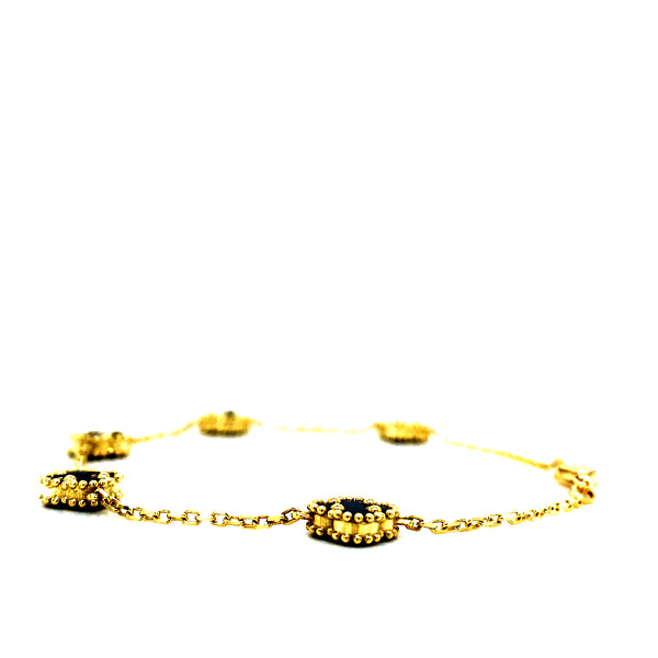 Pulsera (trébol negro onix) en oro amarillo 10kt. 18CM