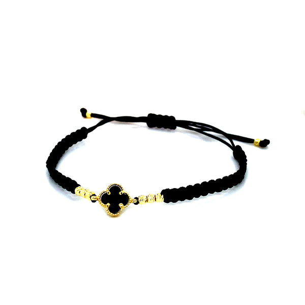 Pulsera (trébol onix negro con cordón ajustable) en amarillo 10k