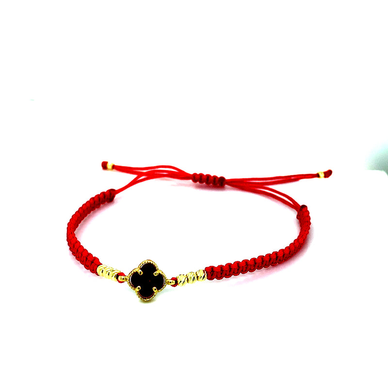 Pulsera (trébol onix negro con cordón ajustable) en amarillo 10k