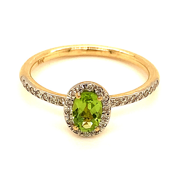 Anillo de Peridoto con diamantes en oro amarillo 14k.
