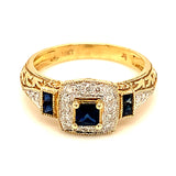 Anillo de zafiros con diamantes en oro amarillo 10kt.