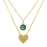 Collar 2 vueltas (ojito y corazón) con circones en oro amarillo 10kt. 42/45cm