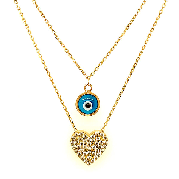 Collar 2 vueltas (ojito y corazón) con circones en oro amarillo 10kt. 42/45cm