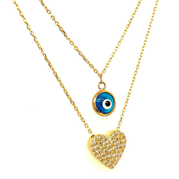 Collar 2 vueltas (ojito y corazón) con circones en oro amarillo 10kt. 42/45cm