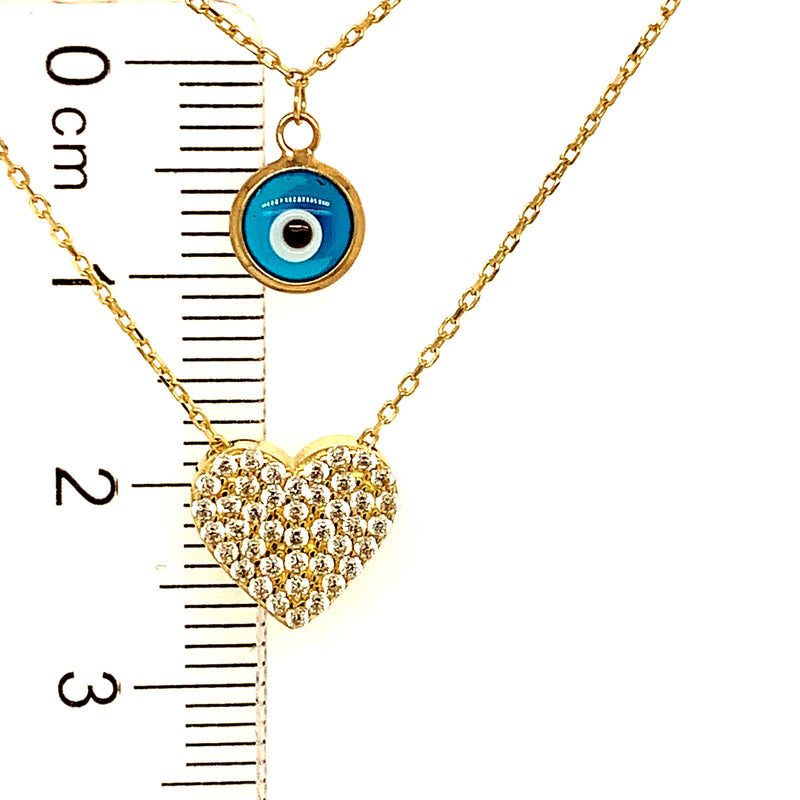 Collar 2 vueltas (ojito y corazón) con circones en oro amarillo 10kt. 42/45cm
