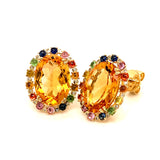Aretes de citrino con zafiros y diamantes en oro amarillo 14kt.