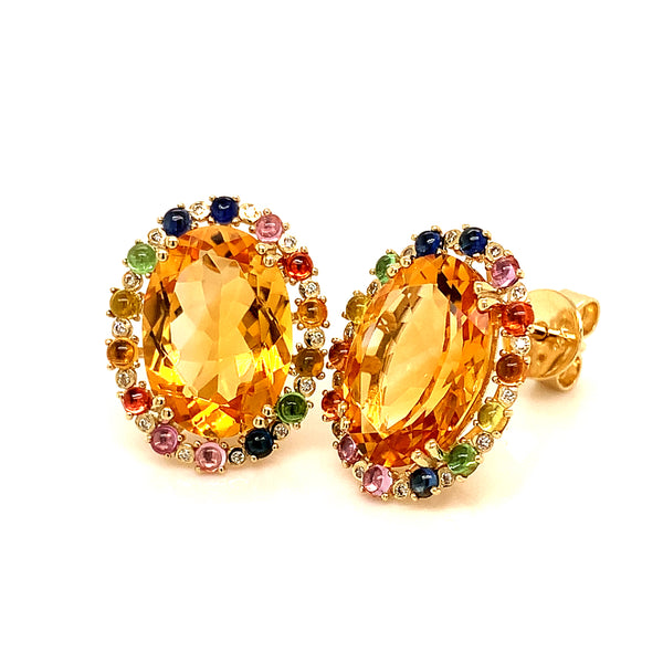 Aretes de citrino con zafiros y diamantes en oro amarillo 14kt.