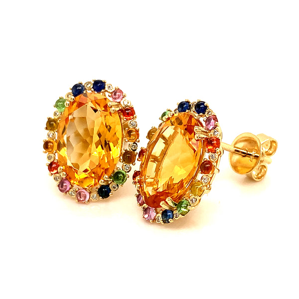 Aretes de citrino con zafiros y diamantes en oro amarillo 14kt.