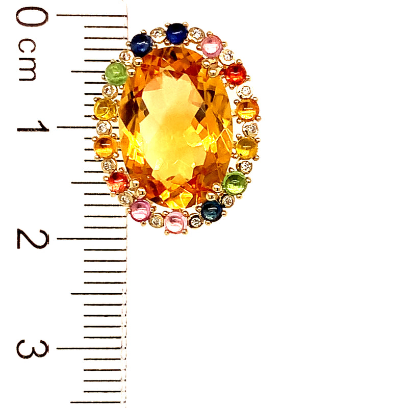 Aretes de citrino con zafiros y diamantes en oro amarillo 14kt.