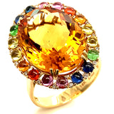 Anillo de citrino con zafiros y diamantes en oro amarillo 14kt.