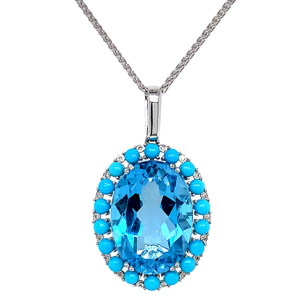 Collar de topacio azul, turquesas y diamantes en oro blanco 14kt.