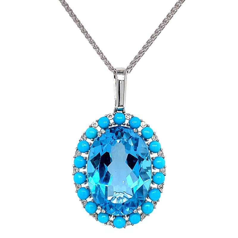 Collar de topacio azul, turquesas y diamantes en oro blanco 14kt.