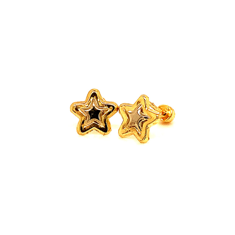 Aretes (estrella) para bebés en oro dos tonos 10kt.