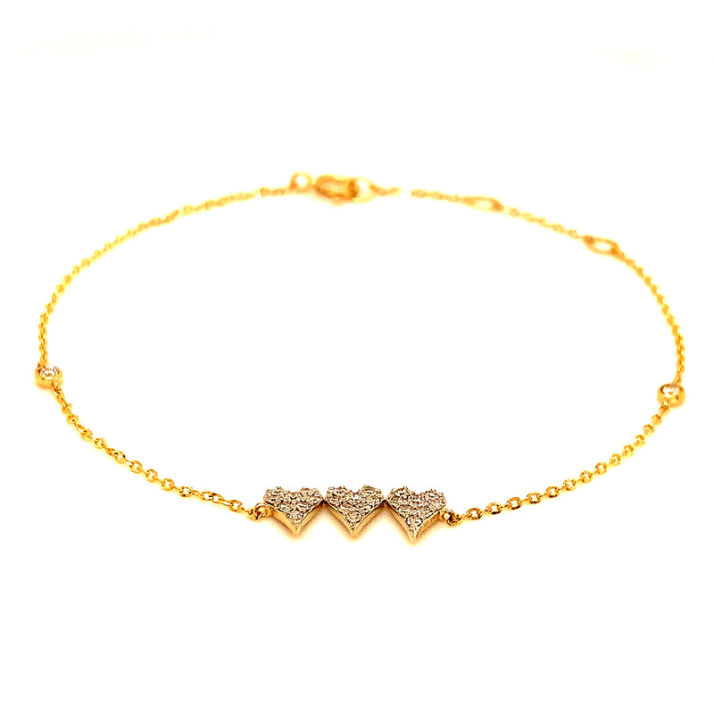 (LD) Pulsera (corazones) con diamantes de laboratorio en oro amarillo 10kt. 15/18cm D-0.20Cts.