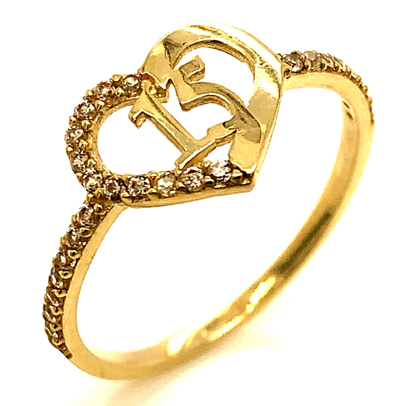 Anillo (Corazón 15) con circones en oro amarillo 10kt.