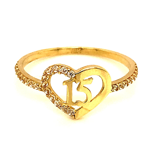 Anillo (Corazón 15) con circones en oro amarillo 10kt.