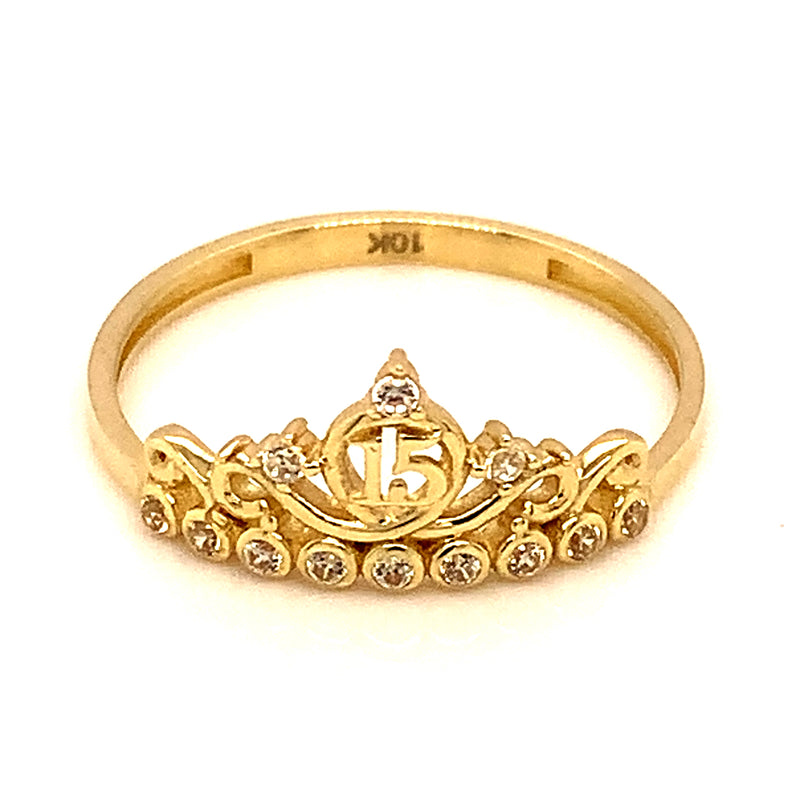 Anillo (Corona 15) con circones en oro amarillo 10kt.
