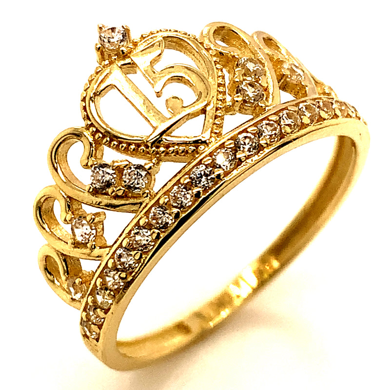 Anillo (Corona 15) con circones en oro amarillo 10kt.
