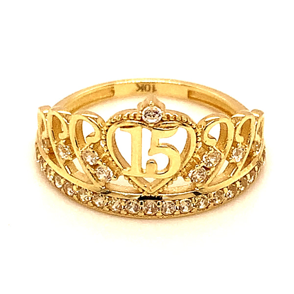 Anillo (Corona 15) con circones en oro amarillo 10kt.