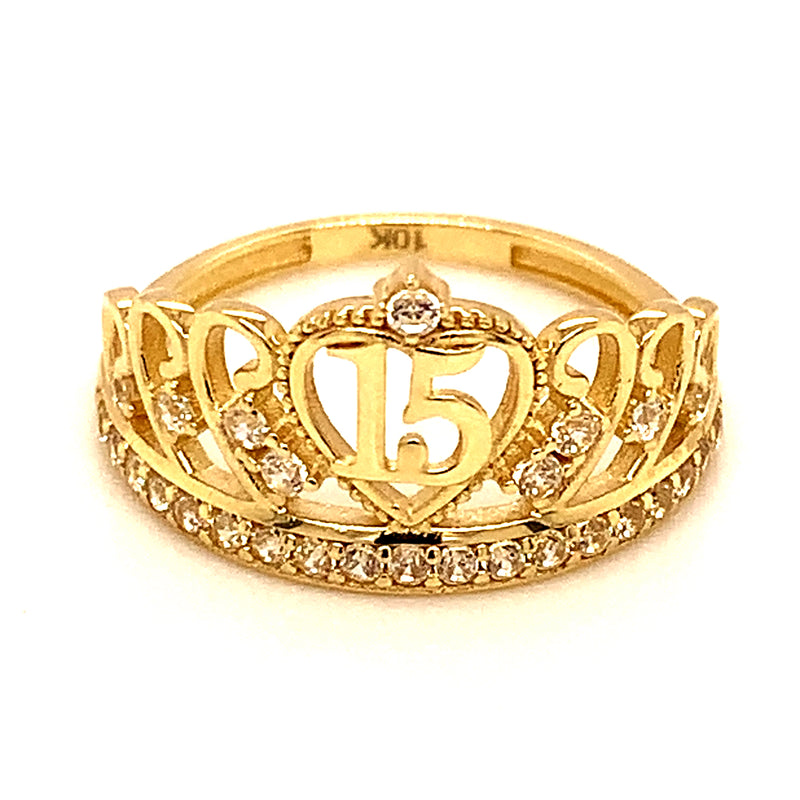 Anillo (Corona 15) con circones en oro amarillo 10kt.