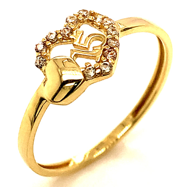 Anillo (Corazón 15) con circones en oro amarillo 10kt.