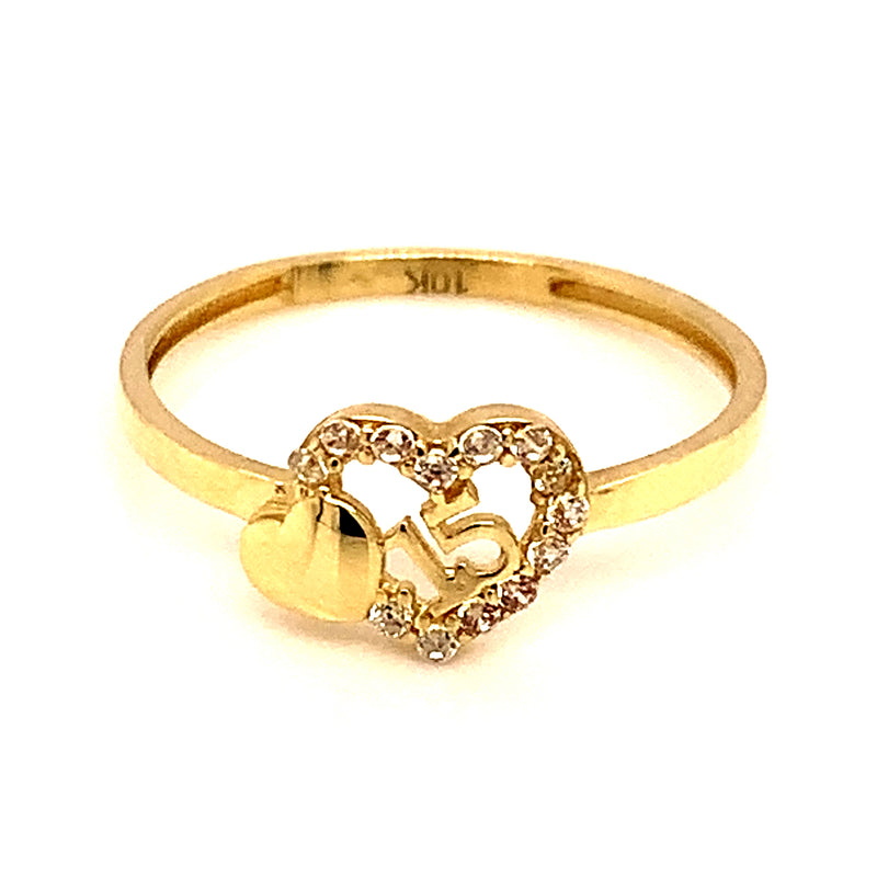 Anillo (Corazón 15) con circones en oro amarillo 10kt.
