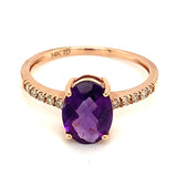 Anillo de amatista con diamantes en oro rosado 14k.