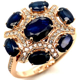 Anillo de zafiros con diamantes en oro rosado 14kt.