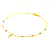 Tobillera (bolitas con dije de cruz) en oro tres tonos 10kt. 23/25cm