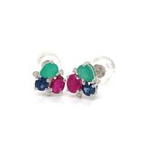 Aretes con rubí, zafiro, esmeralda y diamantes en oro blanco 14KT