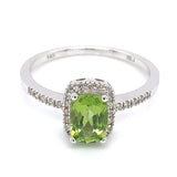 Anillo con peridoto y diamantes en oro blanco 14kt