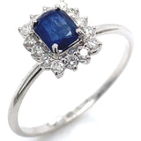 Anillo con zafiro y diamantes en oro blanco 14KT