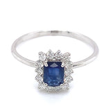 Anillo con zafiro y diamantes en oro blanco 14KT