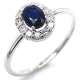 Anillo con zafiro y diamantes en oro blanco 14KT
