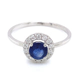 Anillo con zafiro y diamantes en oro blanco 14KT