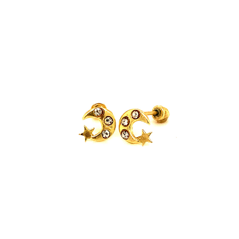 Aretes (luna y estrella) para bebés en oro amarillo 10kt.
