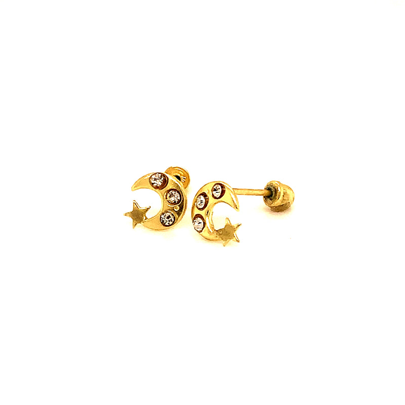 Aretes (luna y estrella) para bebés en oro amarillo 10kt.
