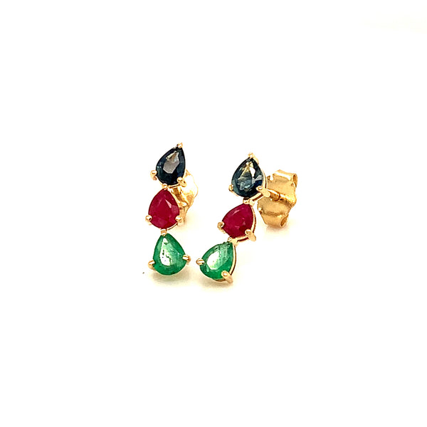 Aretes con zafiro, esmeralda y rubí en oro amarillo 14kt.