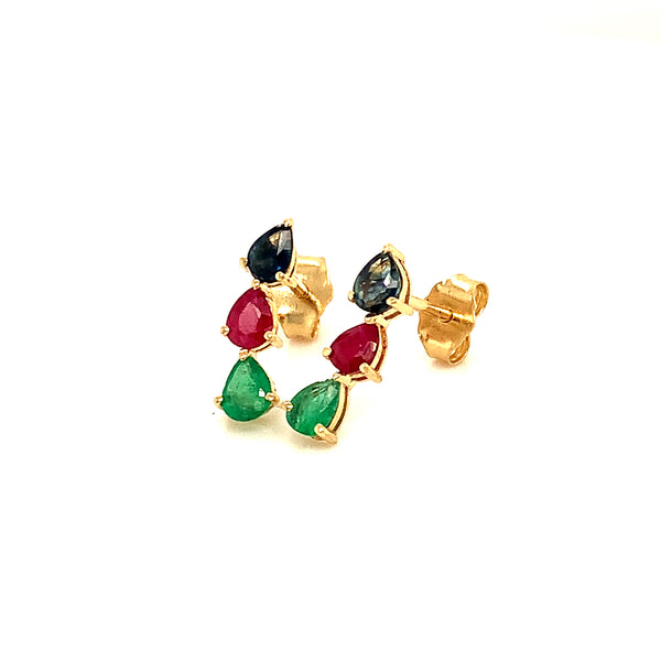 Aretes con zafiro, esmeralda y rubí en oro amarillo 14kt.