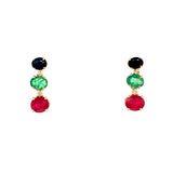 Aretes con zafiro, esmeralda y rubí en oro amarillo 14kt.